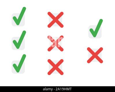 Vector icon set of check marks and x marks. Flat color style. Stock Vector