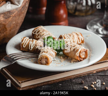 Eggplant rolls with nuts garlic and mayonnaise Stock Photo