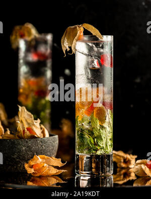 Cold sparkling lemonade with mint and fruits Stock Photo