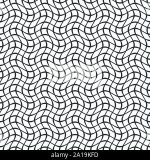 Abstract seamless pattern of black wavy lines on white background. Pattern in cells. Mesh of wavy, distorted lines pattern, lattice. Vector monochrome Stock Vector