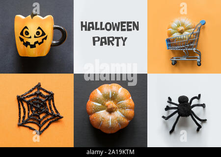 Halloween holiday collage of pumpkin, web, spider, cup, decorations. Top view. Flat lay. View from above. Flat lay. Shopping and sale. Happy halloween Stock Photo