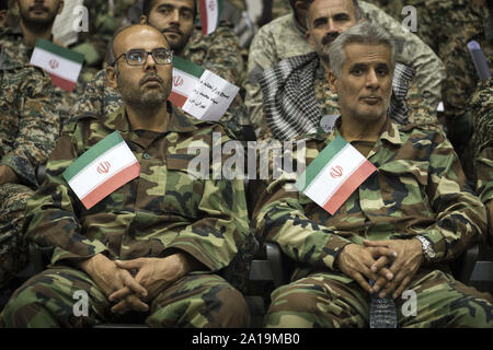 Tehran, Iran. 25th Sep, 2019. The Basij forces gather at the occasion of Holy Defense Week in Tehran, Iran. The Basij (Persian for mobilization) is one of the five forces of the Islamic Revolutionary Guard Corps. The organization originally consisted of civilian volunteers who were urged by Khomeini to fight in the Iran''“Iraq War. Credit: ZUMA Press, Inc./Alamy Live News Stock Photo