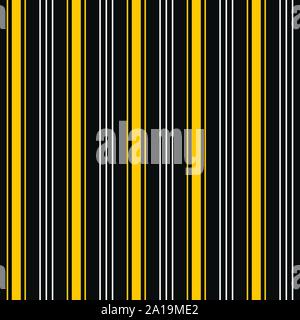 Abstract seamless pattern of vertical yellow and white bright stripes. Regularly repeating color lines on black background. Design for background. Stock Vector