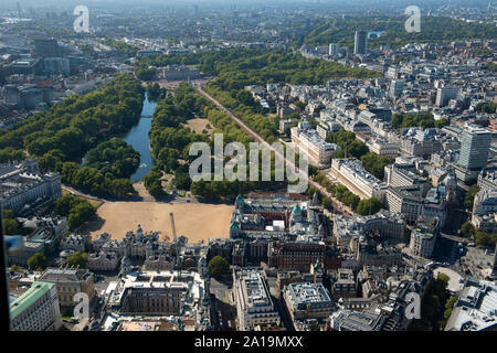 An aerial view to Buckingham Palace, the Mall, Horse Guards Parade and St James Park. Stock Photo
