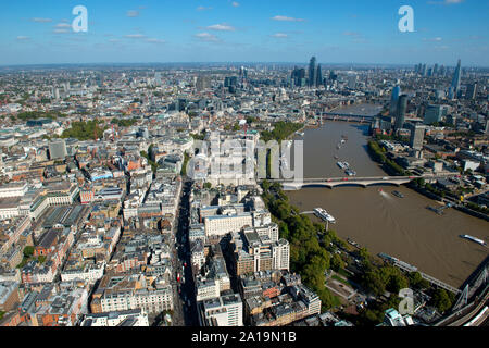An aerial view to the River Thames across Embankment and the Shard. Stock Photo