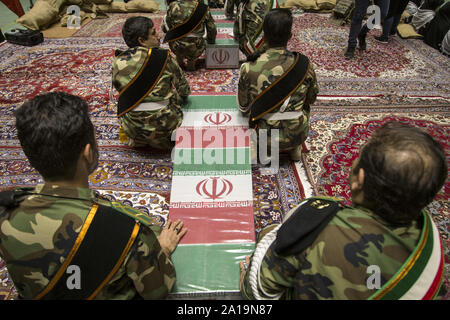 Tehran, Iran. 25th Sep, 2019. The Basij forces gather at the occasion of Holy Defense Week in Tehran, Iran. The Basij (Persian for mobilization) is one of the five forces of the Islamic Revolutionary Guard Corps. The organization originally consisted of civilian volunteers who were urged by Khomeini to fight in the Iran''“Iraq War. Credit: ZUMA Press, Inc./Alamy Live News Stock Photo