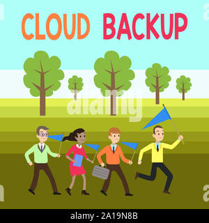 Word writing text Cloud Backup. Business photo showcasing enable customers to remotely access the provider s is services People Crowd Flags Pennants H Stock Photo
