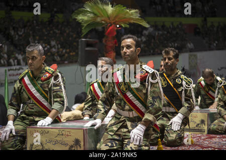 Tehran, Iran. 25th Sep, 2019. The Basij forces gather at the occasion of Holy Defense Week in Tehran, Iran. The Basij (Persian for mobilization) is one of the five forces of the Islamic Revolutionary Guard Corps. The organization originally consisted of civilian volunteers who were urged by Khomeini to fight in the Iran''“Iraq War. Credit: ZUMA Press, Inc./Alamy Live News Stock Photo