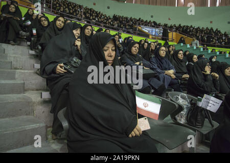 Tehran, Iran. 25th Sep, 2019. The Basij forces gather at the occasion of Holy Defense Week in Tehran, Iran. The Basij (Persian for mobilization) is one of the five forces of the Islamic Revolutionary Guard Corps. The organization originally consisted of civilian volunteers who were urged by Khomeini to fight in the Iran''“Iraq War. Credit: ZUMA Press, Inc./Alamy Live News Stock Photo