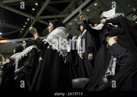 Tehran, Iran. 25th Sep, 2019. The Basij forces gather at the occasion of Holy Defense Week in Tehran, Iran. The Basij (Persian for mobilization) is one of the five forces of the Islamic Revolutionary Guard Corps. The organization originally consisted of civilian volunteers who were urged by Khomeini to fight in the Iran''“Iraq War. Credit: ZUMA Press, Inc./Alamy Live News Stock Photo