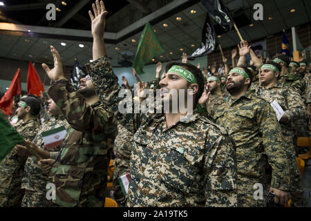 Tehran, Iran. 25th Sep, 2019. The Basij forces gather at the occasion of Holy Defense Week in Tehran, Iran. The Basij (Persian for mobilization) is one of the five forces of the Islamic Revolutionary Guard Corps. The organization originally consisted of civilian volunteers who were urged by Khomeini to fight in the Iran''“Iraq War. Credit: ZUMA Press, Inc./Alamy Live News Stock Photo