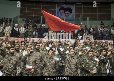 Tehran, Iran. 25th Sep, 2019. The Basij forces gather at the occasion of Holy Defense Week in Tehran, Iran. The Basij (Persian for mobilization) is one of the five forces of the Islamic Revolutionary Guard Corps. The organization originally consisted of civilian volunteers who were urged by Khomeini to fight in the Iran''“Iraq War. Credit: ZUMA Press, Inc./Alamy Live News Stock Photo