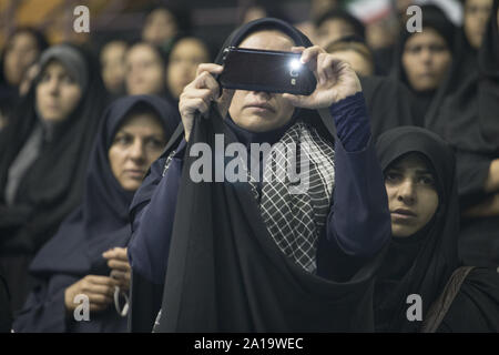 Tehran, Iran. 25th Sep, 2019. The Basij forces gather at the occasion of Holy Defense Week in Tehran, Iran. The Basij (Persian for mobilization) is one of the five forces of the Islamic Revolutionary Guard Corps. The organization originally consisted of civilian volunteers who were urged by Khomeini to fight in the Iran''“Iraq War. Credit: ZUMA Press, Inc./Alamy Live News Stock Photo