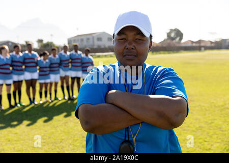 Portrait of female rugby coach on a rugby pitch Stock Photo