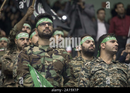 Tehran, Iran. 25th Sep, 2019. The Basij forces gather at the occasion of Holy Defense Week in Tehran, Iran. The Basij (Persian for mobilization) is one of the five forces of the Islamic Revolutionary Guard Corps. The organization originally consisted of civilian volunteers who were urged by Khomeini to fight in the Iran''“Iraq War. Credit: ZUMA Press, Inc./Alamy Live News Stock Photo