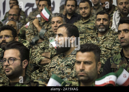 Tehran, Iran. 25th Sep, 2019. The Basij forces gather at the occasion of Holy Defense Week in Tehran, Iran. The Basij (Persian for mobilization) is one of the five forces of the Islamic Revolutionary Guard Corps. The organization originally consisted of civilian volunteers who were urged by Khomeini to fight in the Iran''“Iraq War. Credit: ZUMA Press, Inc./Alamy Live News Stock Photo