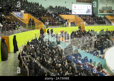 Tehran, Iran. 25th Sep, 2019. The Basij forces gather at the occasion of Holy Defense Week in Tehran, Iran. The Basij (Persian for mobilization) is one of the five forces of the Islamic Revolutionary Guard Corps. The organization originally consisted of civilian volunteers who were urged by Khomeini to fight in the Iran''“Iraq War. Credit: ZUMA Press, Inc./Alamy Live News Stock Photo