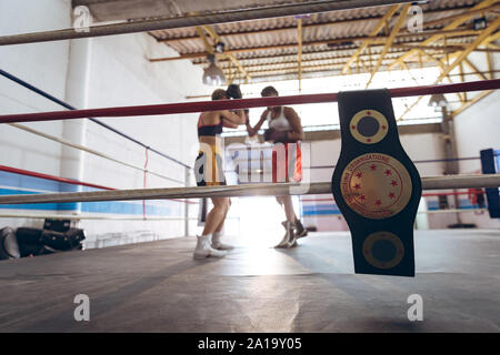 Female boxers fighting in boxing ring at fitness center Stock Photo