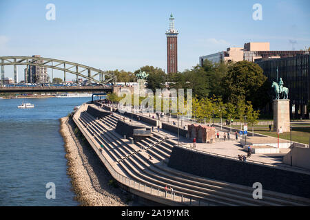 the Rhine boulevard in the district Deutz, Cologne, Germany. The large perron on the banks of the river Rhine between the the Hohenzollern Bridge and Stock Photo