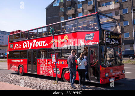 tourists making a sight-seeing tour in a double-decker bus, Cologne, Germany.  Touristen machen in einem Doppelstockbus eine Stadtrundfahrt, Koeln, De Stock Photo