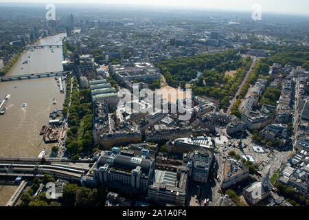 Whitehall, Trafalgar Square and St James Par from the air. Stock Photo