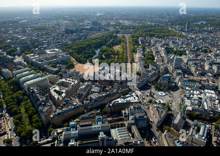 Whitehall, Trafalgar Square and St James Par from the air. Stock Photo