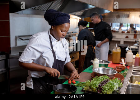Chefs working in busy restaurant kitchen Stock Photo