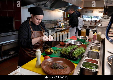 Chefs working in busy restaurant kitchen Stock Photo