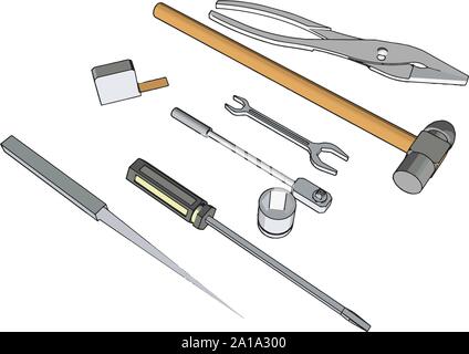 Multiple tools, illustration, vector on white background. Stock Vector