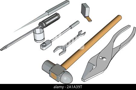 Multiple tools, illustration, vector on white background. Stock Vector