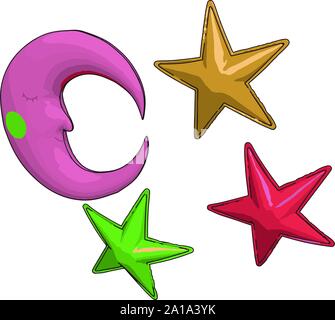 Stars and moon, illustration, vector on white background. Stock Vector