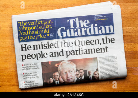 A Guardian headline after Boris Johnson's proroguing of Parliament is found to be illegal reads He misled the Queen, the people and parliament. Stock Photo