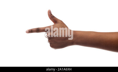 Black female hand pointing on virtual object with index finger Stock Photo