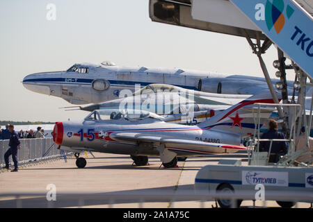 30 AUGUST 2019 MOSCOW, RUSSIA: an outdoors airplane exposition. Mid shot Stock Photo