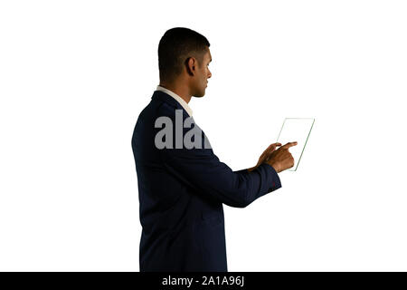 Businessman holding a transparent portable device Stock Photo