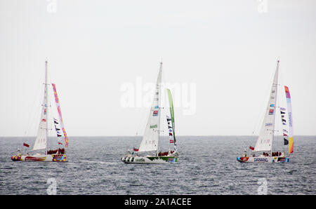 round the world clipper yacht race competitors 15/16 sailing in Cape Town harbour,South Africa,Danang Vietnam,Visit Seattle,Derry Londonderry in line Stock Photo