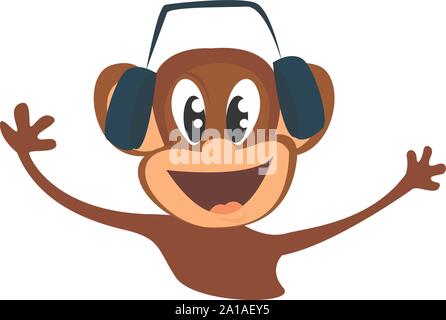 Monkey with headphones, illustration, vector on white background. Stock Vector