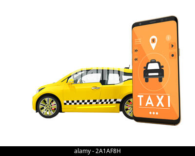 Modern concept of taxi calling an electric car with a smartphone via a mobile app orange 3d render on white background no shadow Stock Photo