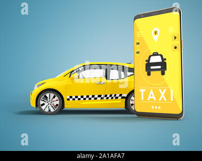 Modern concept of taxi calling an electric car with a smartphone via a mobile application of a yellow 3d render on blue background with shadow Stock Photo
