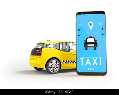 Modern concept of taxi calling an electric car with a smartphone via mobile 3d rendering on a white background with a shadow Stock Photo