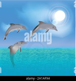 Vector with dolphins and beach on lightblue sunrise background. Travel Postcard. Stock Vector