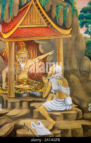 Vie du Bouddha Shakyamuni. Wat Naxai. Vientiane. Laos. / Painting depicting the life story of Shakyamuni Buddha. Wat Naxai. Vientiane. Laos. Stock Photo