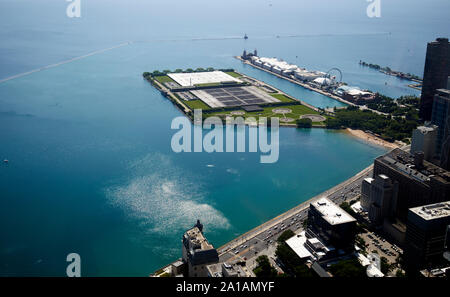 the playpen behind breakwall jardine water treatment plant and navy pier seen through the windows of the john hancock center chicago illinois united s Stock Photo