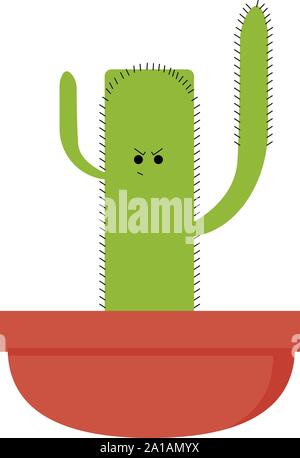 Angry cactus in pot, illustration, vector on white background. Stock Vector