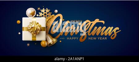 Merry Christmas and New Year greeting card design. Festive Christmas decoration elements. Vector illustration. Stock Vector