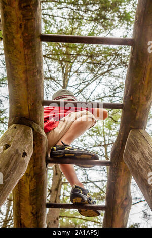 Happy boy having fun climbing on ladder in the forest. Stock Photo