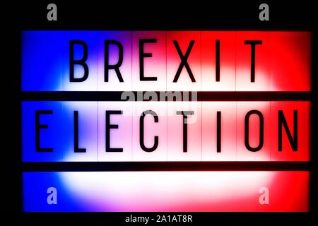 Brexit Election,Illuminated sign,with blue and red colours,Conservative,versus Labour Party Concept. Stock Photo
