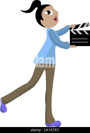 Clapperboard girl, illustration, vector on white background. Stock Vector