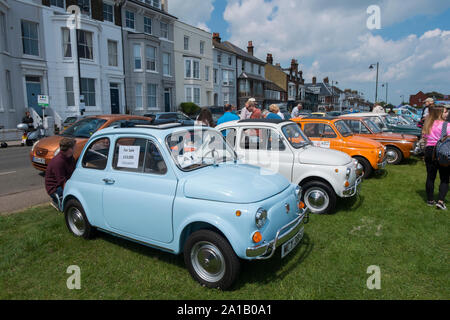 1960s Fiat 500 Cinquecento cars at the Deal Classic Motor Show on Walmer Green by the beach, Deal, Kent, UK Stock Photo