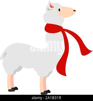 Lama with red scarf, illustration, vector on white background. Stock Vector